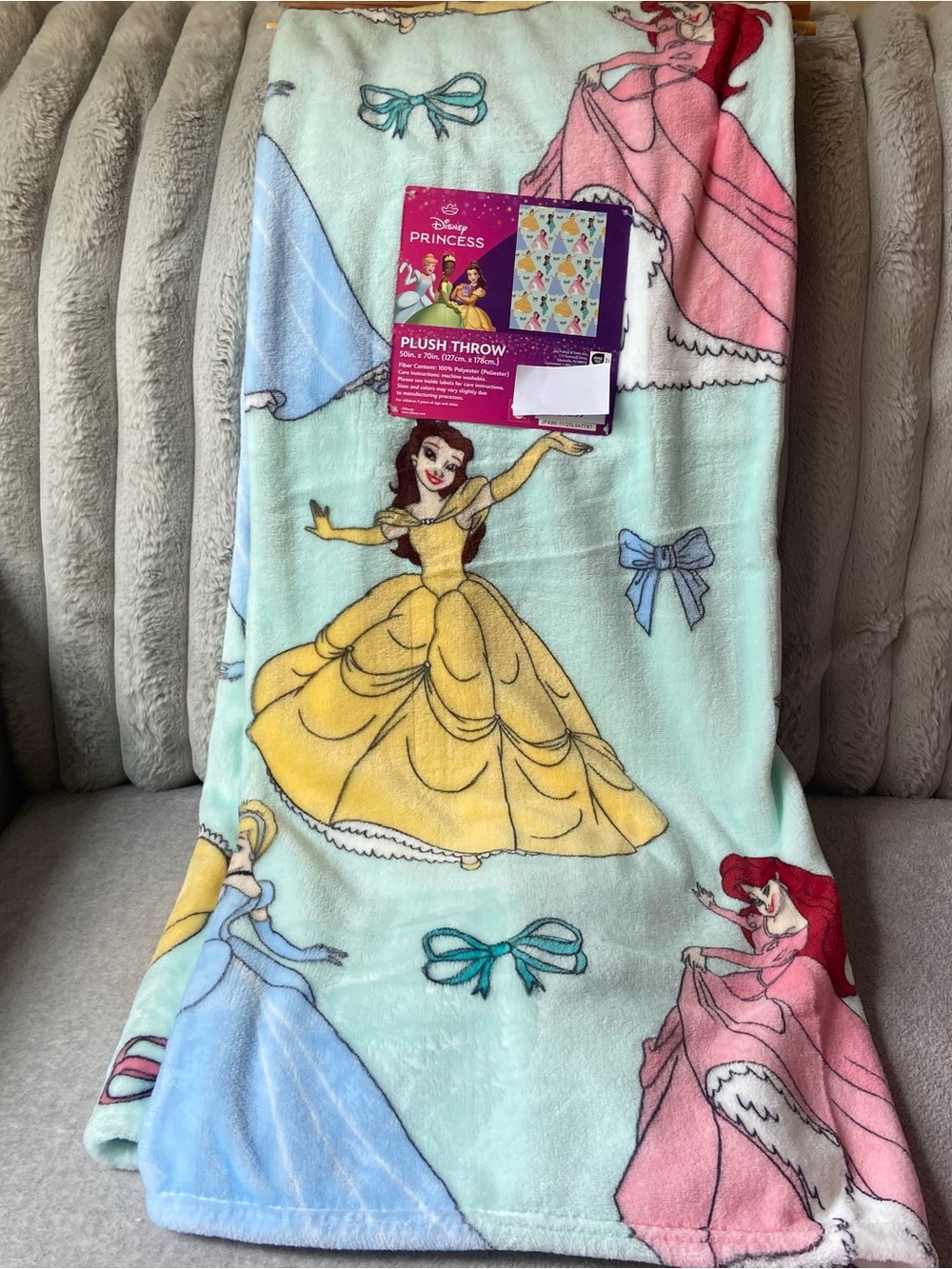 Disney Princess Plush Throw Blanket - Mint with Yellow, Pink & Blue Princesses